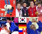 Podio Judo masculino - 81 kg, Kim Jae-Bum (Corea del Sur), Ole Bischof (Alemania) y Ivan Nifontov (Rusia), Antoine Valois-Fortier (Canadá) - Londres 2012 - 