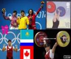 Podio Halterofilia 63 kg femenino, Maiya Maneza (Kazajistán), Svetlana Tsarukayeva (Rusia) y Christine Girard (Canadá) - Londres 2012 -