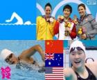 Podio natación 200 metros combinado individual femenino, Ye Shiwen (China), Alicia Coutts (Australia) y Caitlin Leverenz (Estados Unidos) - Londres 2012 -
