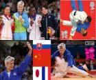 Podio Judo femenino- 63 kg, Urška Žolnir (Eslovenia), Xu Lili (China) y Gévrise Émane (Francia), Yoshie Ueno ( Japón) - Londres 2012 -