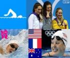 Podio natación 200 metros estilo libre femenino, Allison Schmitt (Estados Unidos), Camille Muffat (Francia) y Bronte Barratt (Australia) - Londres 2012 -