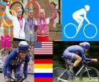 Podio ciclismo contrarreloj femenino, Kristin Armstrong (Estados Unidos), Judith Arndt (Alemania) y Olga Zabelinskaya (Rusia) - Londres 2012 -