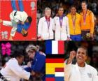 Podio Judo femenino - 70 kg, Lucie Décosse (Francia), Kerstin Thiele (Alemania) y Yuri Alvear (Colombia), Edith Bosch (Países Bajos) - Londres 2012 -