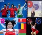 Podio Halterofilia 69 kg femenino, Rim Jong-Sim (Corea del Norte), Roxana Cocoş (Rumania) y Maryna Shkermankova (Bilorrusia) - Londres 2012 -