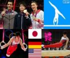 Podio gimnasia artística masculina concurso completo individual, Kohei Uchimura (Japón), Marcel Nguyen (Alemania) y Danell Leyva (Estados Unidos) - Londres 2012 -