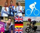 Podio ciclismo contrarreloj masculino, Bradley Wiggins (Reino Unido), Tony Martin (Alemania) y Christopher Froome (Reino Unido) - Londres 2012 -