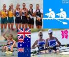 Podio remo dos sin timonel femenino, Helen Glover, Heather Stanning (Reino Unido), Kate Hornsey, Sarah Tait (Australia) y Juliette Haigh, Rebecca Scown (Nueva Zelanda) - Londres 2012 -