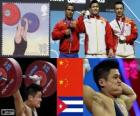 Podio Halterofilia 77kg hombres, Lu Xiaojun, Wu Jingbao (China) y Iván Cambar Rodríguez (Cuba) - Londres 2012 -