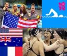 Podio natación relevo 4 x 200 metros estilo libre femenino, Estados Unidos, Australia y Francia