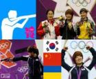 Podio pistola 25 m femenino, Kim Jang-Mi (Corea del sur), Chen Ying (China) y Olena Kostevych (Ucrania) - Londres 2012 -
