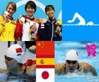 Podio natación 200 m mariposa femenino, Jiao Liuyang (China), Mireia Belmonte (España) y Natsumi Koshi (Japón) - London 2012 -