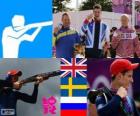 Podio Tiro doble foso masculino, Peter Robert Wilson (Reino Unido), Håkan Dahlby (Suecia) y Vasili Mosin (Rusia) - Londres 2012 -