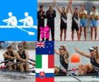Podio Remo doble scull masculino, Nathan Cohen, Joseph Sullivan (Nueva Zelanda), Alessio Sartori, Romano Battisti (Italia) y Luka Špik Iztok Čop (Eslovenia) - Londres 2012 -