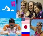 Podio natación 200 metros estilo braza femenino, Rebecca Soni (Estados Unidos), Satomi Suzuki (Japón) y Yulia Efimova (Rusia) - Londres 2012 -