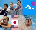 Podio natación 200 metros estilo espalda masculino, Tyler Clary (Estados Unidos), Ryosuke Irie (Japón) y Ryan Lochte (Estados Unidos) - Londres 2012 -