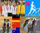 Podio ciclismo de pista velocidad por equipos femenino, Kristina Vogel, Miriam Welte (Alemania), Gong Jinjie, Guo Shuang (China) y Kaarle McCulloch, Anna Meares (Australia) - Londres 2012 -