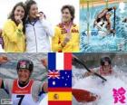 Podio Piragüismo K1 femenino, Emilie Fer (Francia), Jessica Fox (Australia) y Maialen Chourraut (España) - Londres 2012 -