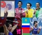 Podio Halterofilia 75 kg femenino, Svetlana Podobedova (Kazajistán), Natalia Zabolotnaya (Rusia) y Iryna Kulesha (Bielorrusia) - Londres 2012 -