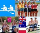 Podio Remo doble espadilla femenino, Anna Watkins, Katherine Grainger (Reino Unido), Kim Crow, Brooke Pratley (Australia) y Magdalena Fularczyk, Julia Michalska (Polonia) - Londres 2012 - 