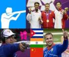 Podio Tiro Pistola rápida de fuego a 25 metros masculino, Leuris Pupo (Cuba), Vijay Kumar (India) y Ding Feng (China) - Londres 2012 -