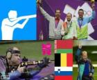 Podio Tiro Rifle en posición tendida a 50 metros masculino, Sergéi Martynov (Bielorrusia), Lionel Cox (Bélgica) y Rajmond Debevec (Eslovenia) - Londres 2012 -