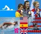 Podio natación 800 metros estilo libre femenino, Katie Ledecky (Estados Unidos), Mireia Belmonte (España) y Rebecca Adlington (Reino Unido) - Londres 2012 -