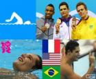 Podio natación 50 metros estilo libre masculino, Florent Manaudou (Francia), Cullen Jones (Estados Unidos) y César Cielo (Brasil) - Londres 2012 -