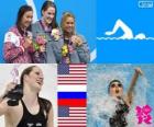 Podio natación 200 metros espalda femenino, Missy Franklin (Estados Unidos), Anastasia Zueva (Rusia) y Elizabeth Beisel (Estados Unidos) - Londres 2012 -