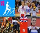 Podio ciclismo de pista Keirin femenino, Victoria Pendleton (Reino Unido), Guo Shuang (China) y Lee Wai-Sze (Hong Kong) - Londres 2012 -