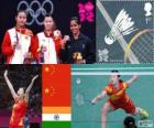 Podio Bádminton individual femenino, Li Xuerui (China), Wang Yihan (China) y Saina Nehwal (India) - Londres 2012 -