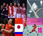 Podio Bádminton doble femenino, Tian Qing Zhao Yunlei (China), Mizuki Fujii Reika Kakiiwa (Japón) y Valeria Sorokina, Nina Vislova (Rusia) - Londres 2012 -