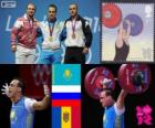 Podio Halterofilia 94 kg masculino, Ilya Ilyin (Kazajistán), Alexandr Ivanov (Rusia) y Anatoli Ciricu (Moldavia) - Londres 2012 -