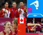 Podio gimnasia en trampolín femenino, Rosannagh Maclennan (Canadá), Huang Shanshan y He Wenna (China) - Londres 2012 -