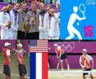 Podio tenis dobles masculino, Bob Bryan, Mike Bryan (Estados Unidos),  Michael Llodra, Jo-Wilfried Tsonga y Julien Benneteau, Richard Gasquet (Francia) - Londres 2012 -
