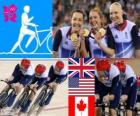 Podio ciclismo de pista persecución por equipos 4000 m femenino, Reino Unido, Estados Unidos y Canadá - Londres 2012 -