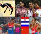 Podio atletismo disco femenino, Sandra Perković (Croacia), Daria Pishchalnikova (Rusia) y Li Yanfeng (China), Londres 2012