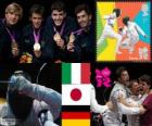 Podio esgrima florete por equipos masculino, Italia, Japón y Alemania, Londres 2012