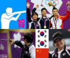 Podio tiro pistola a 50 metros masculino, Choi Young-Rae, Jin Jon-Goh (Corea del Sur) y Wang Zhiwei (China), Londres 2012