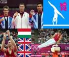 Podio gimnasia artística caballo con arcos masculino, Krisztián Berki (Hungría), Louis Smith y Max Whitlock (Reino Unido), Londres 2012
