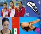 Podio salto trampolín 3 m femenino, Wu Minxia, He Zi (China) y Laura Sánchez Soto (México), Londres 2012