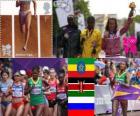 Podio atletismo maratón femenino, Tiki Gelana (Etiopía), Priscah Jeptoo (Kenia) y Tatiana Petrova Arjipova (Rusia), Londres 2012