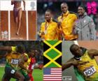 Podio atletismo 100 metros masculino, Usain Bolt, Yohan Blake (Jamaica) y Justin Gatlin (Estados Unidos), Londres 2012