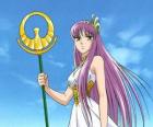 Saori Kido con el báculo sagrado de la diosa de la victoria Niké. Saori es la reencarnación de la diosa Atenea en el manga Saint Seiya