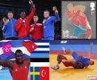 Podio lucha grecorromana 120 kg masculino, Mijaín López Núñez (Cuba), Heiki Nabi (Estonia), Johan Eurén (Suecia) y Riza Kayaalp (Turquía), Londres 2012