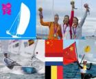 Podio vela láser femenino, Xu Lijia (China), Marit Bouwmeester (Países Bajos) y Evi Van Acker (Bélgica), Londres 2012