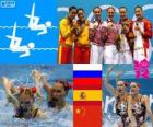 Podio natación sincronizada dueto, Natalia Ishchenko, Svetlana Romashina (Rusia), Ona Carbonell, Andrea Fuentes (España) y Huang Xuechen, Liu Ou (China), Londres 2012