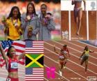 Podio atletismo 200 metros femeninos, Allyson Felix (Estados Unidos), Shelly-Ann Fraser-Pryce (Jamaica) y Carmelita Jeter (Estados Unidos), Londres 2012