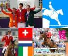 Podio equitación saltos individual, Steve Guerdat (Suiza), Gerco Schroder (Países Bajos) y Cian O'Connor (Irlanda), Londres 2012