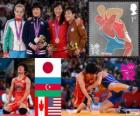Podio lucha libre 48 kg femenina, Hitomi Obara (Japón), Mariya Stadnik (Azerbaiyán), Carol Huynh (Canadá) y Clarissa Chun (Estados Unidos), Londres 2012