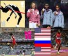 Podio atletismo salto de longitud femenino, Brittney Reese (Estados Unidos), Elena Sokolova (Rusia) y Janay Deloach (Estados Unidos), Londres 2012